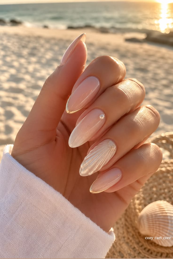 Classy beach vacation nails featuring glossy white, sheer nu