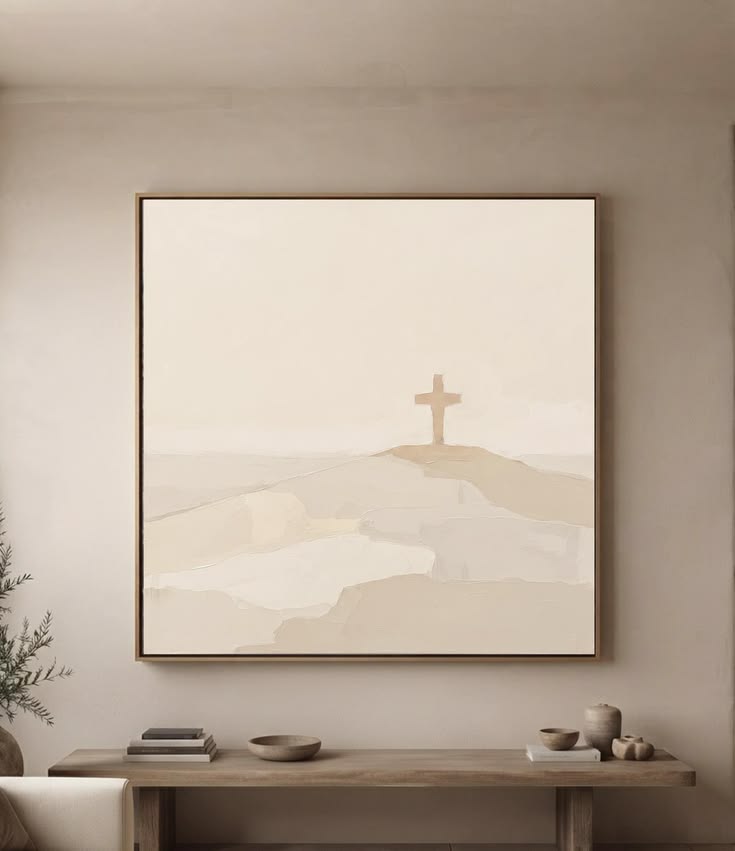 Silent Calvary Painting, Beige Abstract Christian Wall Art, 