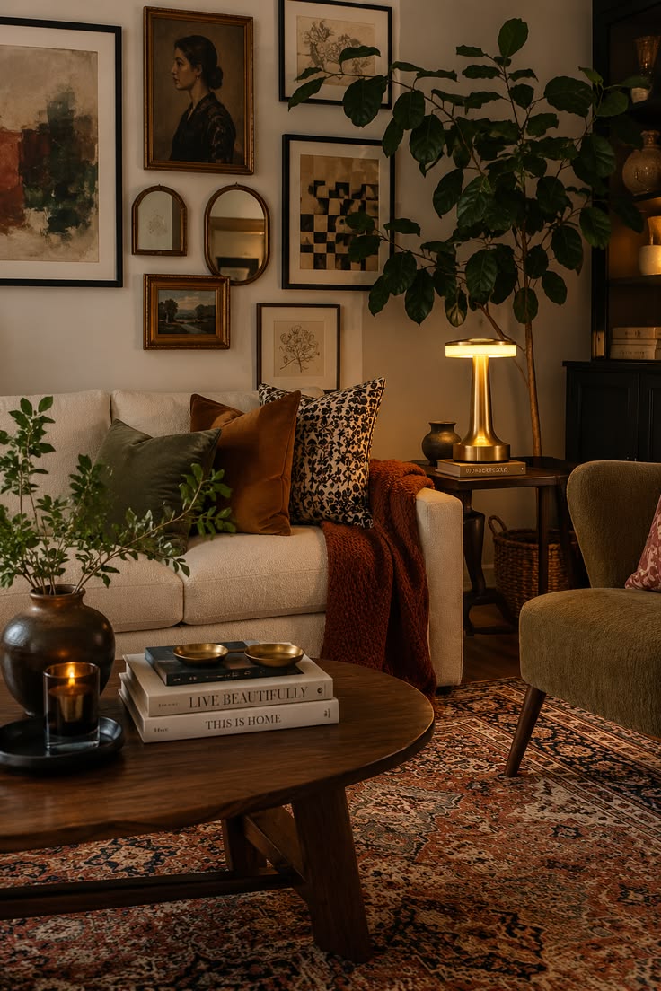 Explore a Moody, earthy living room with collected decor, ec