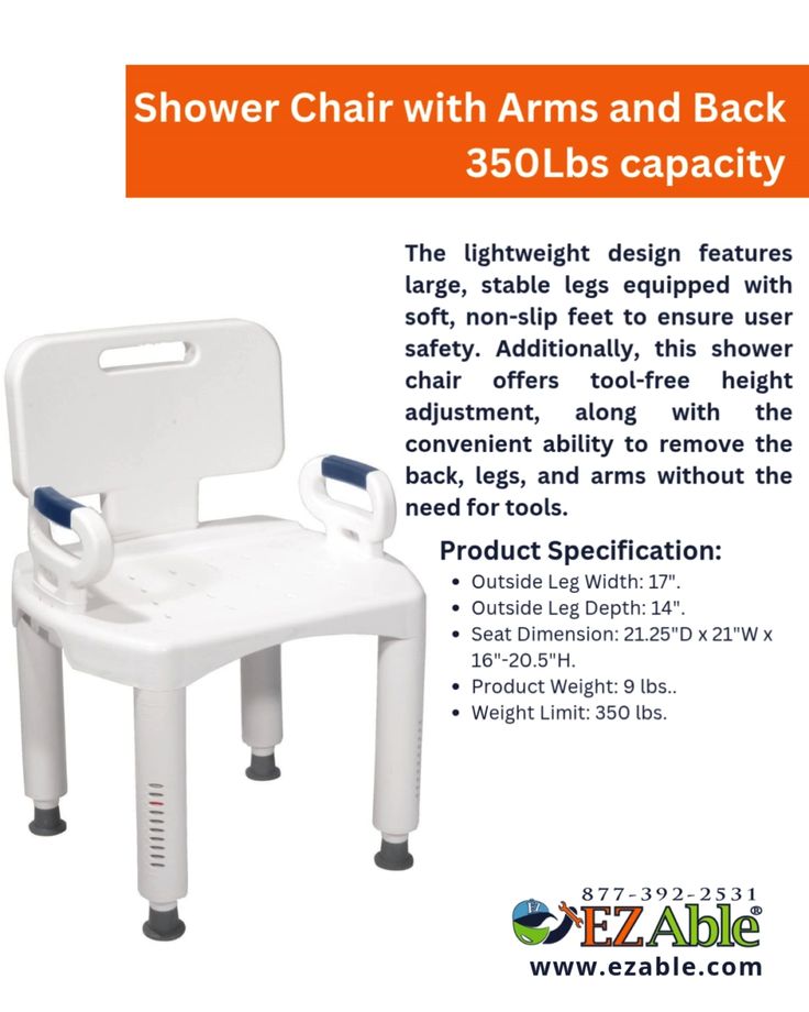This Shower Chair features supportive arms, a contoured back