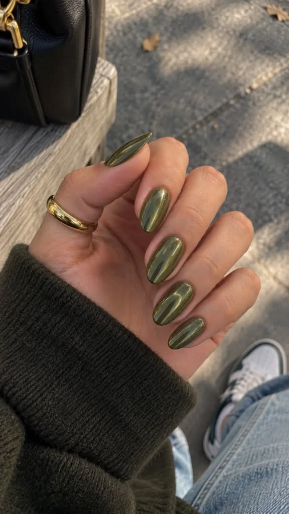 Fall chrome nails can be subtle, dark, warm, or highly refle