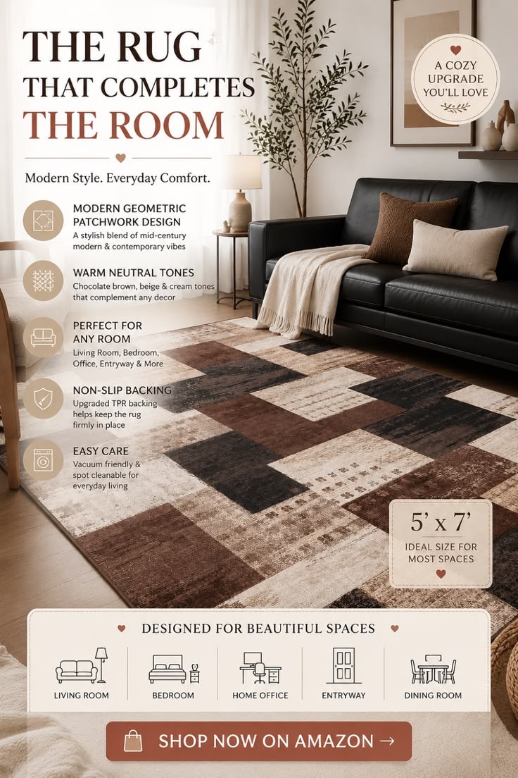 🤎 This 5×7 geometric patchwork rug combines rich chocolate b