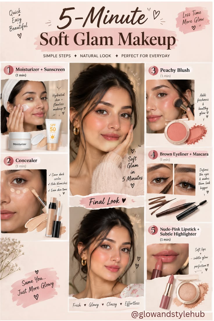 Get a fresh, glowy soft-glam look in just 5 minutes! 💕 Follo