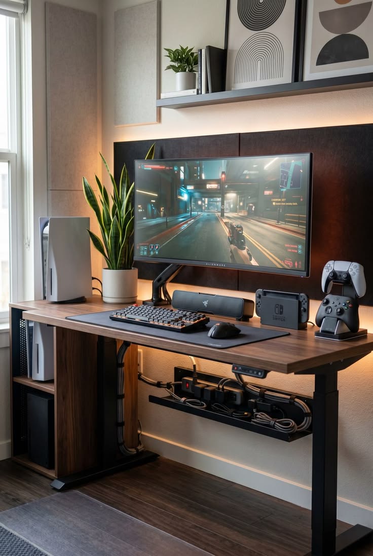 Multi-console gaming desk setup inspiration with a sleek, cl
