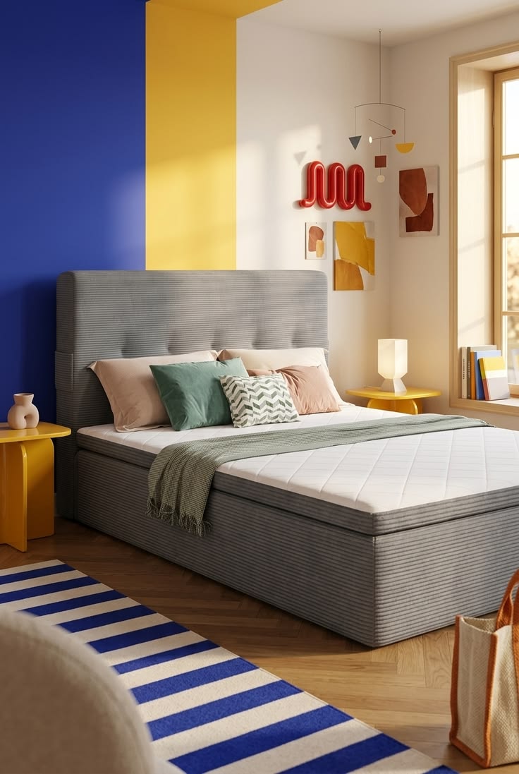 Save this colourful bedroom idea featuring a Vesgantti grey 