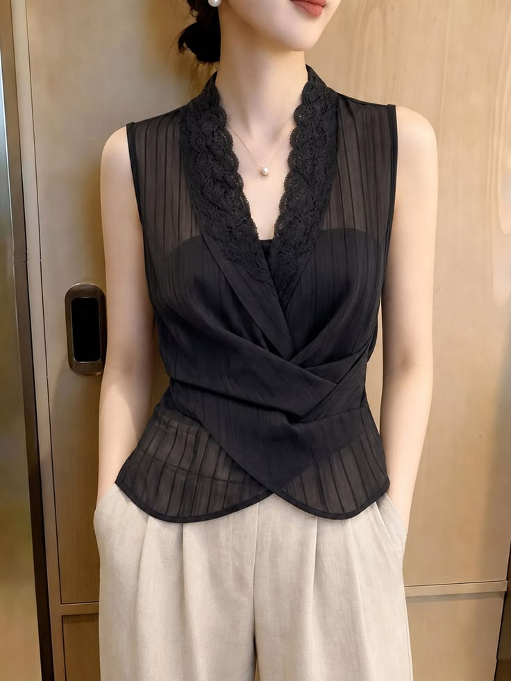 Elegant Lace Patchwork V-Neck Sleeveless Top Cross Design Hi