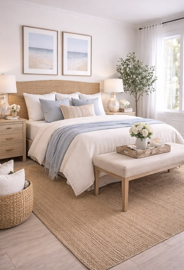 This beautiful aesthetic bedroom blends soft coastal tones w