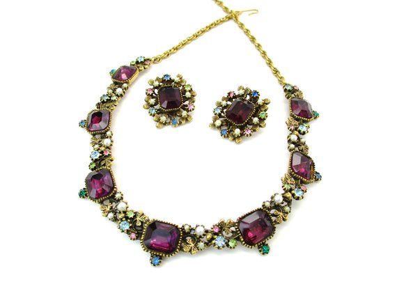 Emerald Cut Amethyst Rhinestone Pearl Necklace Earrings Set 