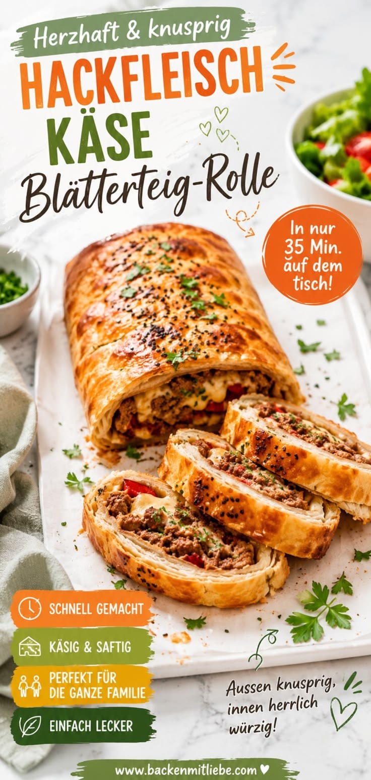 Diese Hackfleisch Käse Blätterteig Rolle ist außen herrlich 