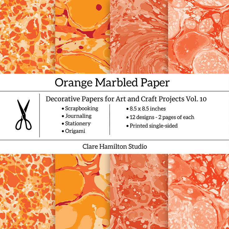 This 8.5 x 8.5 inch book contains 12 orange marbled designs 