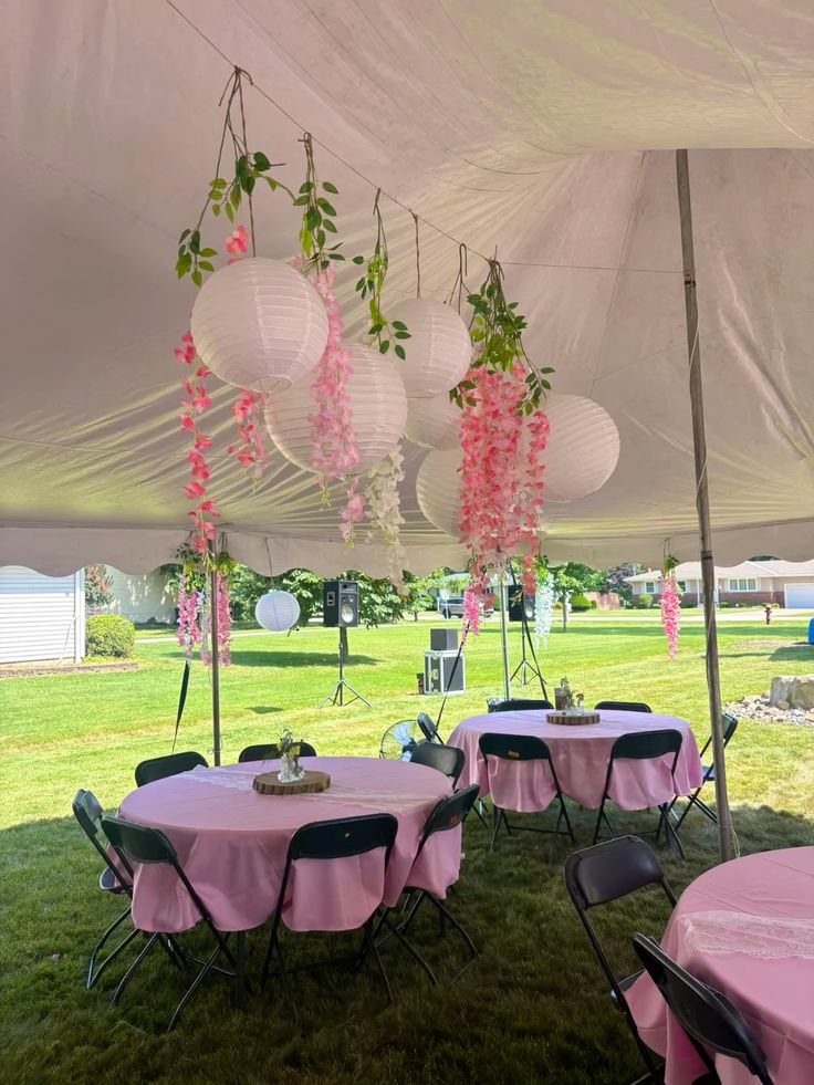 lanterns, flowers, grad party, party aesthetic, pink party, 
