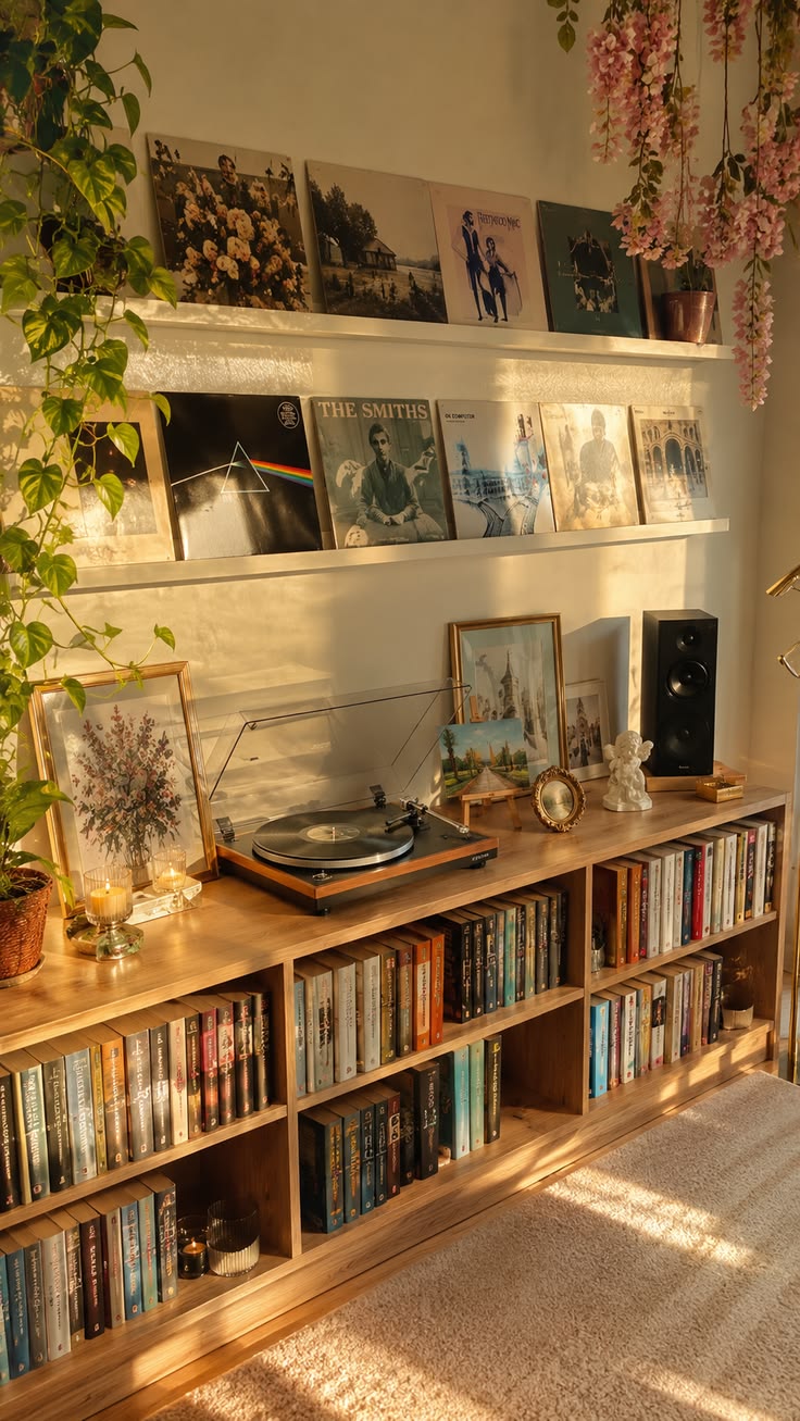 Transform your space with golden lighting, organized shelves