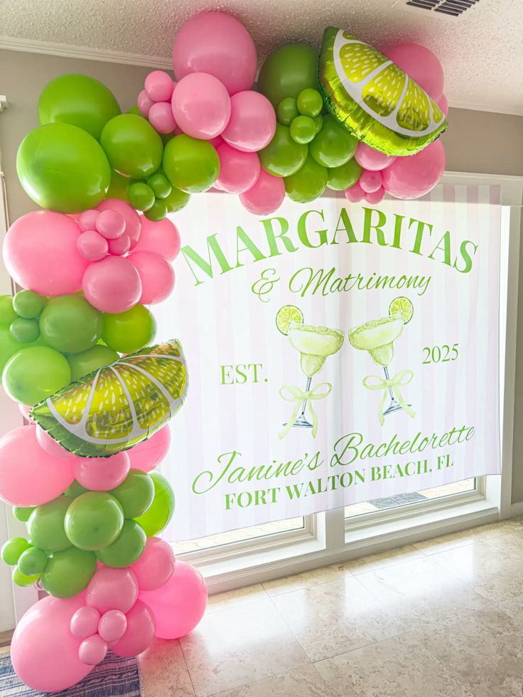Bachelorette theme, balloon banner, margs, bride