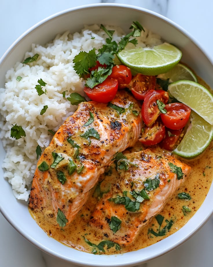 Enjoy a creamy, rich One-Pan Coconut Curry Salmon infused wi