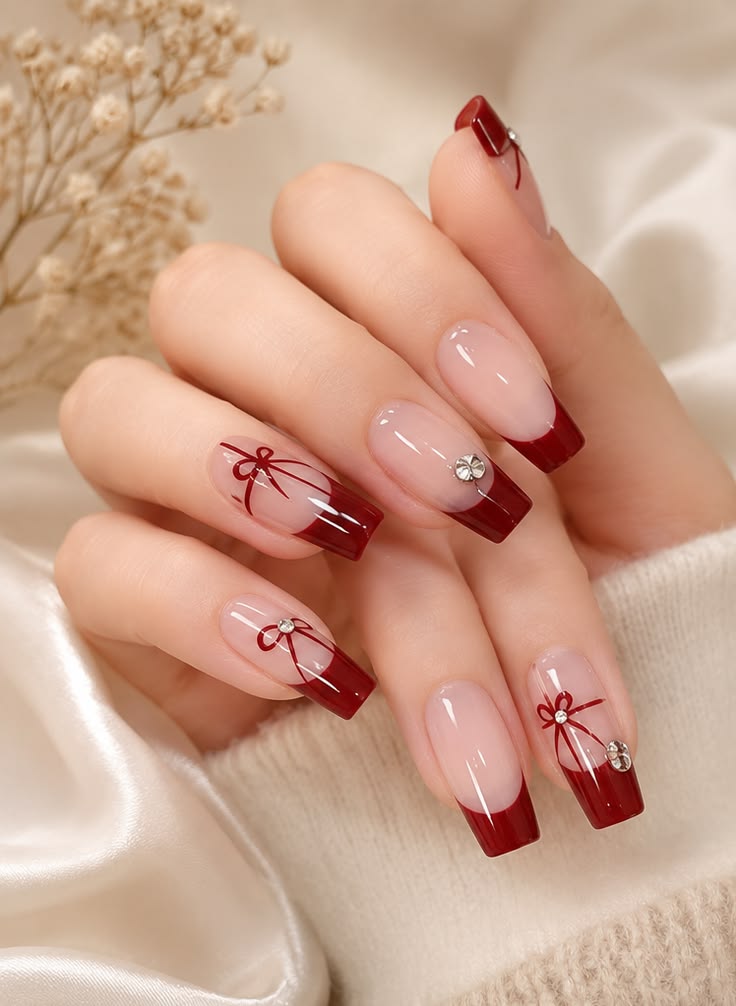 Deep maroon french tip nails with cute red bow and stone det