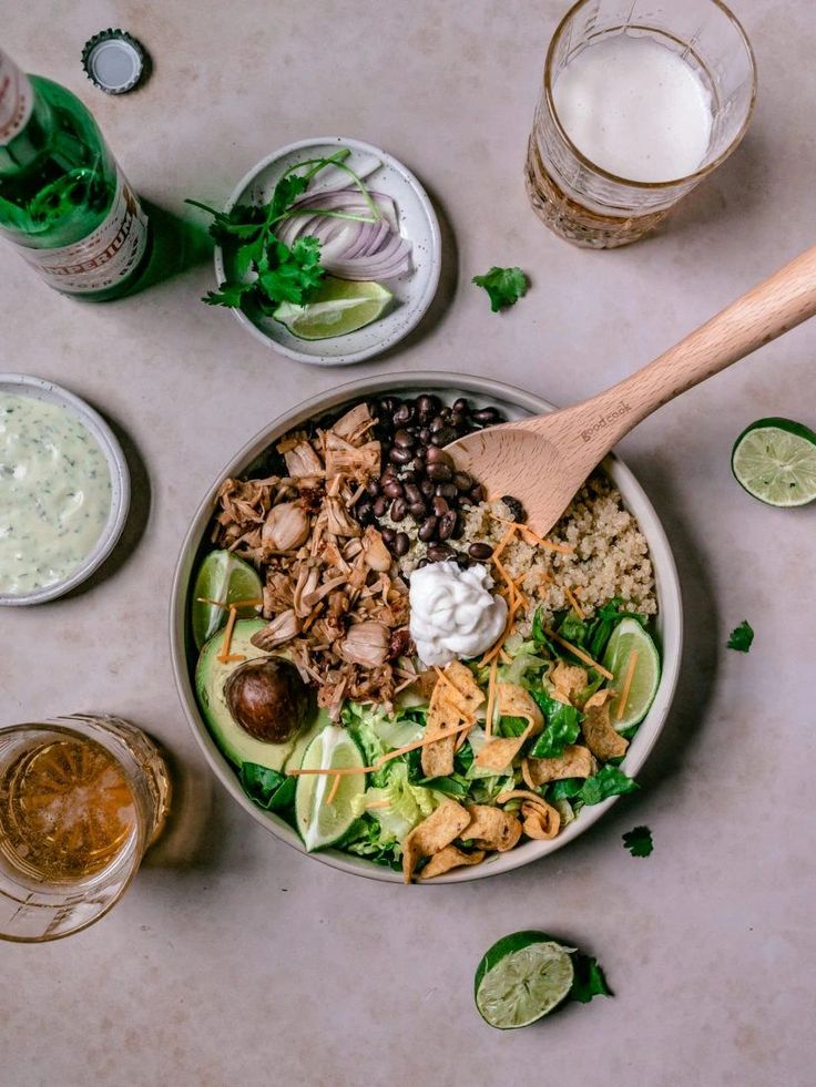 Vegan jackfruit taco salad served with beer. #veganmeals #da