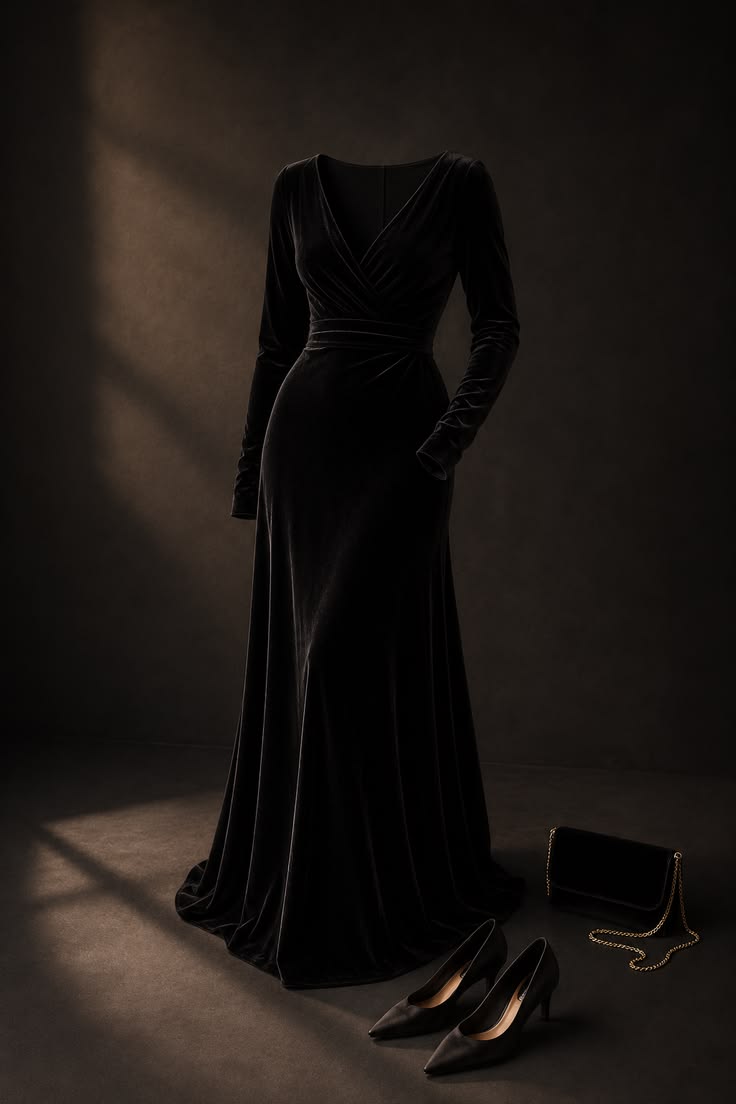 An elegant Korean-inspired black velvet gown featuring a fla