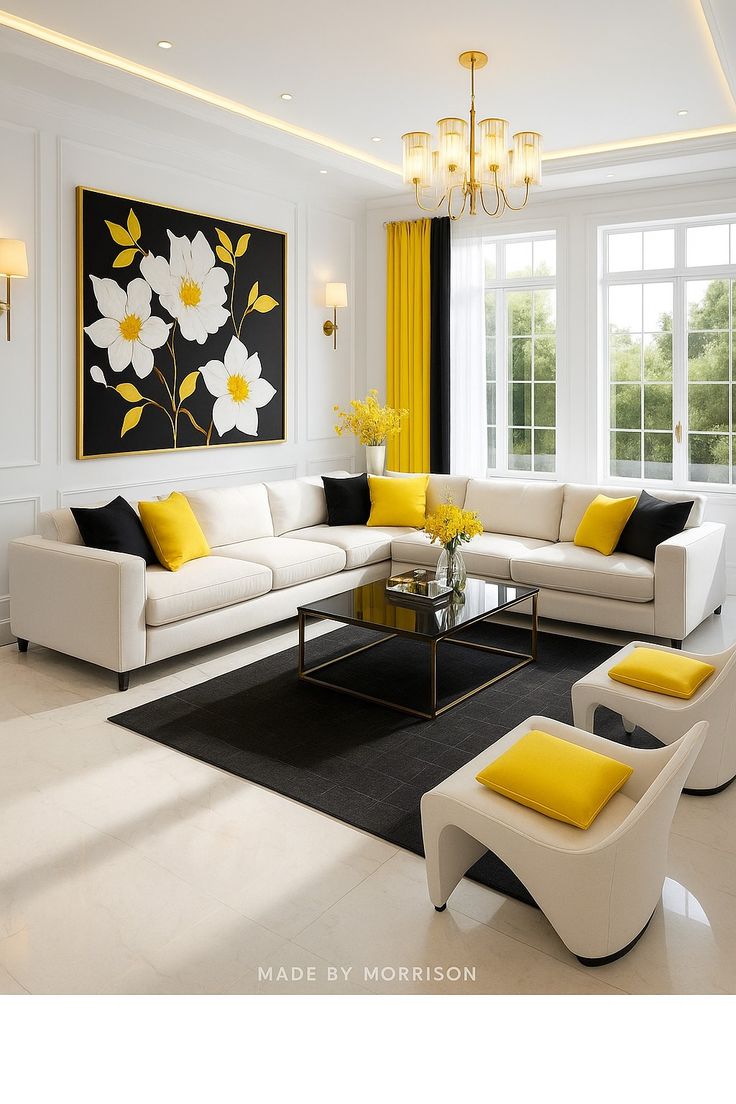 This white, yellow, and black living room scene delivers bol