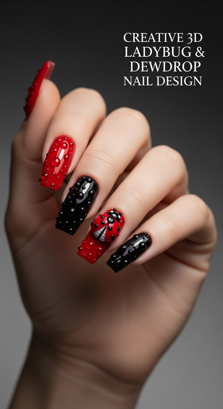✨ Combine elegance and creativity with 3D ladybug nail art 🐞