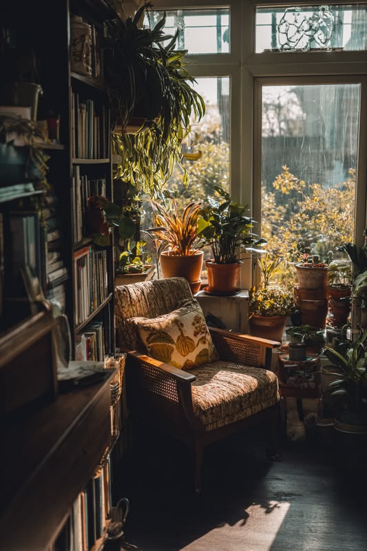 Spring reading nook cozy trailing greenery terracotta pots s
