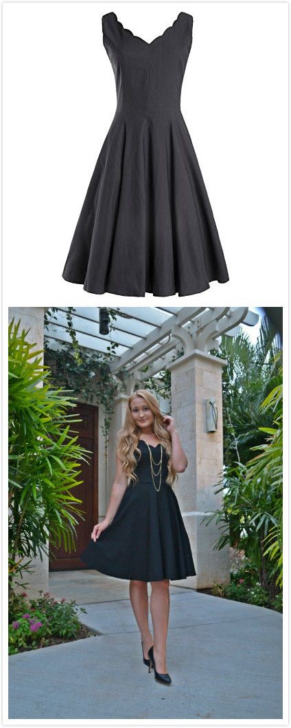 OUGES Women's Scalloped V-Neck Vintage Fit and Flare Cocktai