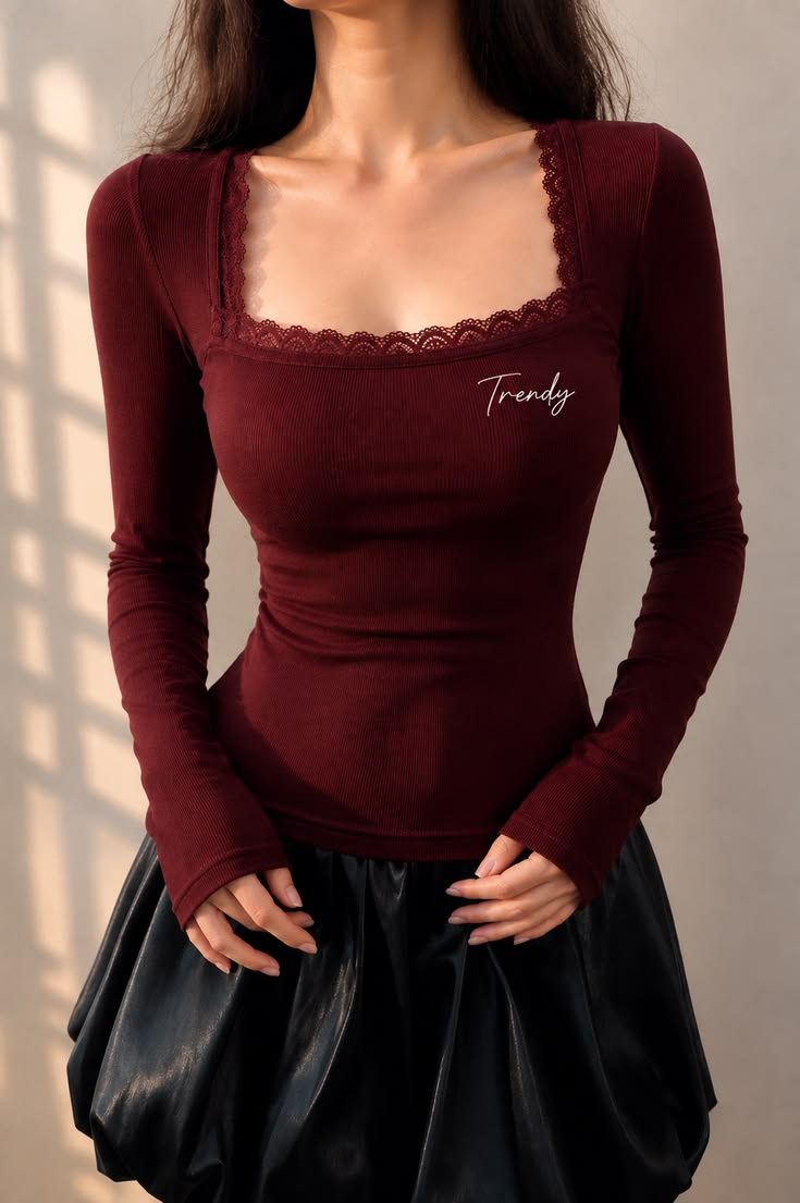 The marron colour top with full sleeves and solid design in 