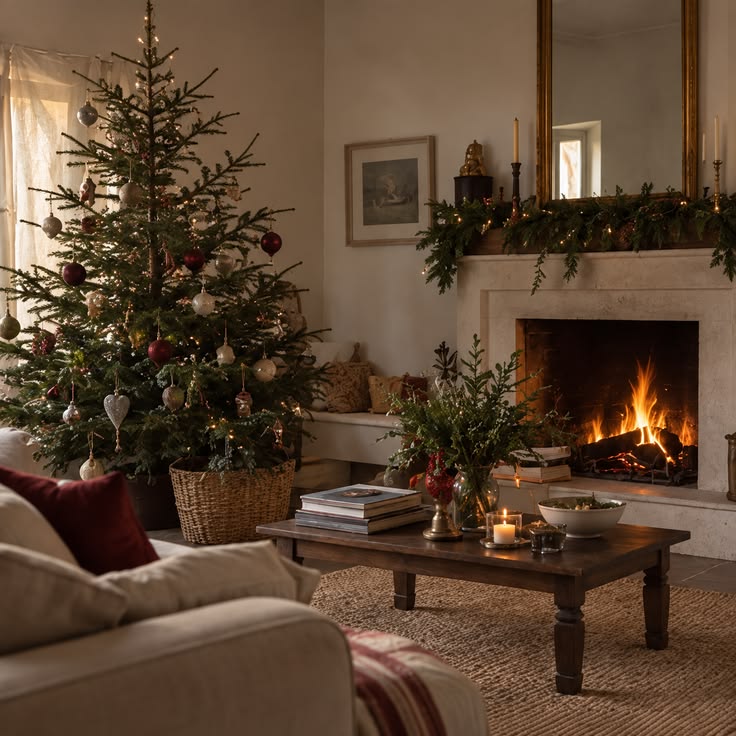 A cozy Christmas living room with a natural tree, warm firel
