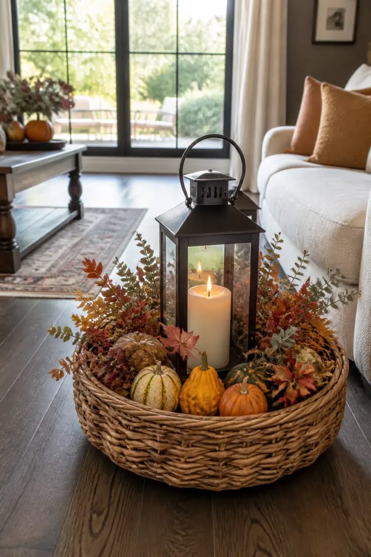 Fall lantern decor ideas — black lantern in a wicker basket 
