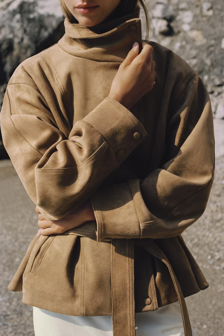 FAUX SUEDE BELTED JACKET - Dark camel | ZARA United States