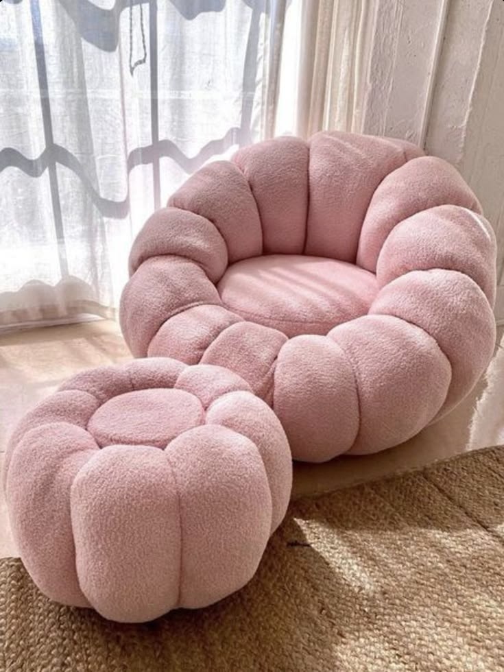Adorable pink flower-shaped chair with matching ottoman for 