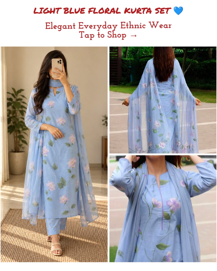 Elegant light blue floral kurta set featuring a printed kurt