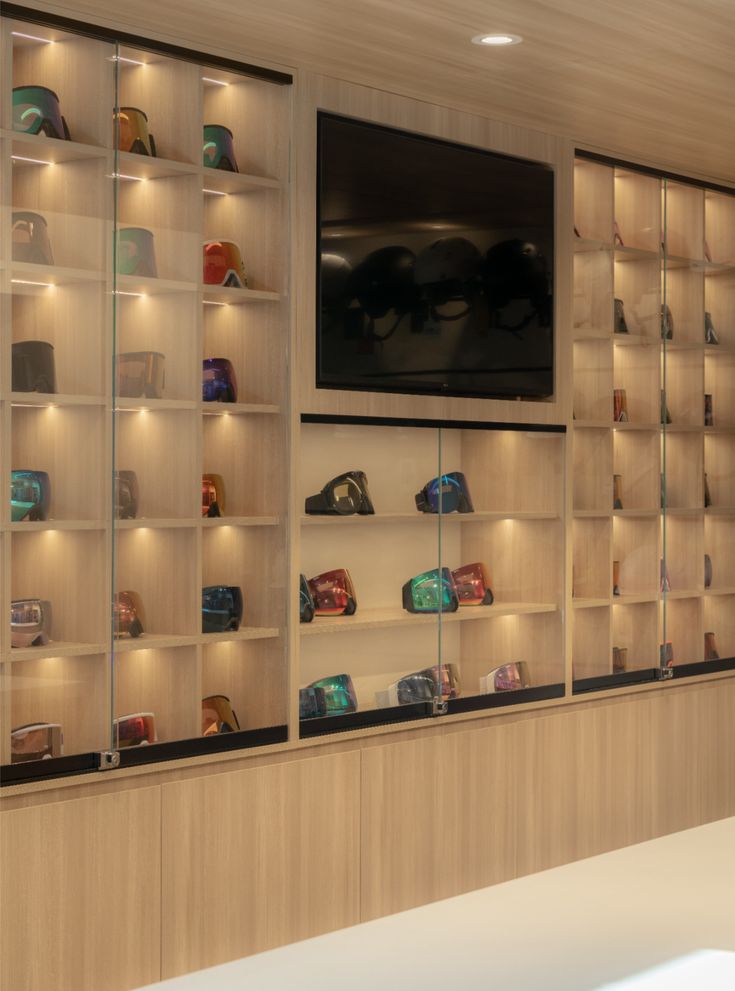 Goggle display within the Goggle Bar at Snowscene. Interior 