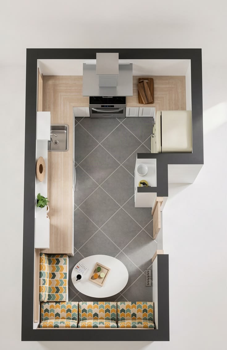 A long run of counter space keeps this compact kitchen layou