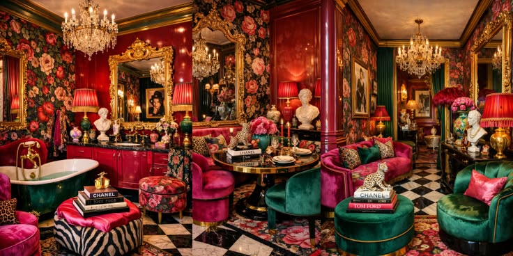 Photorealistic kitsch garden–inspired maximalist interior, t