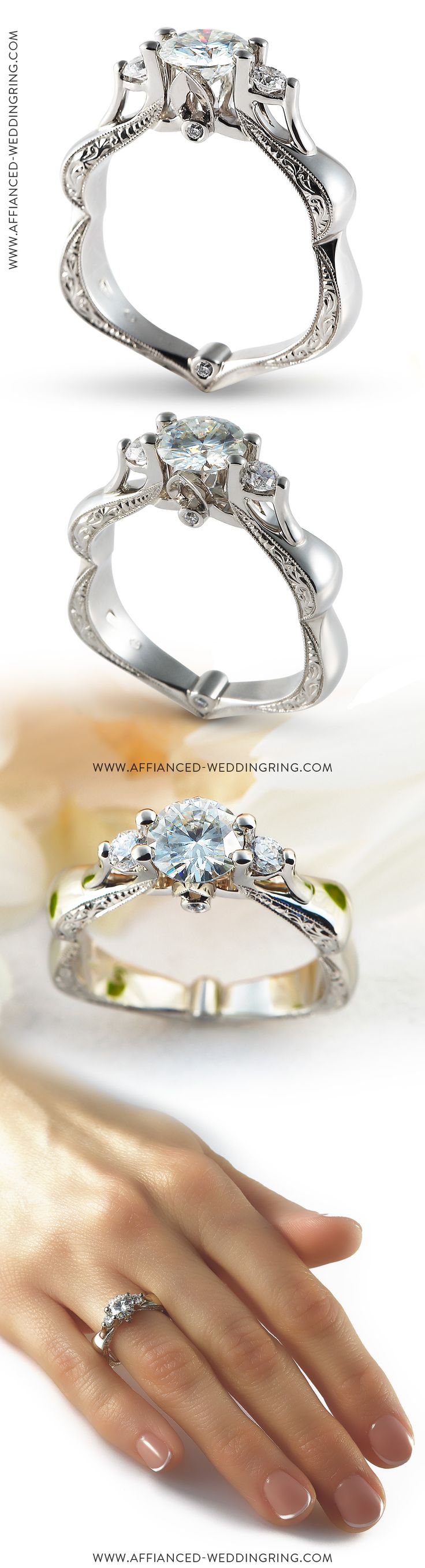 Uniquely designed white gold engagement ring decorated with 