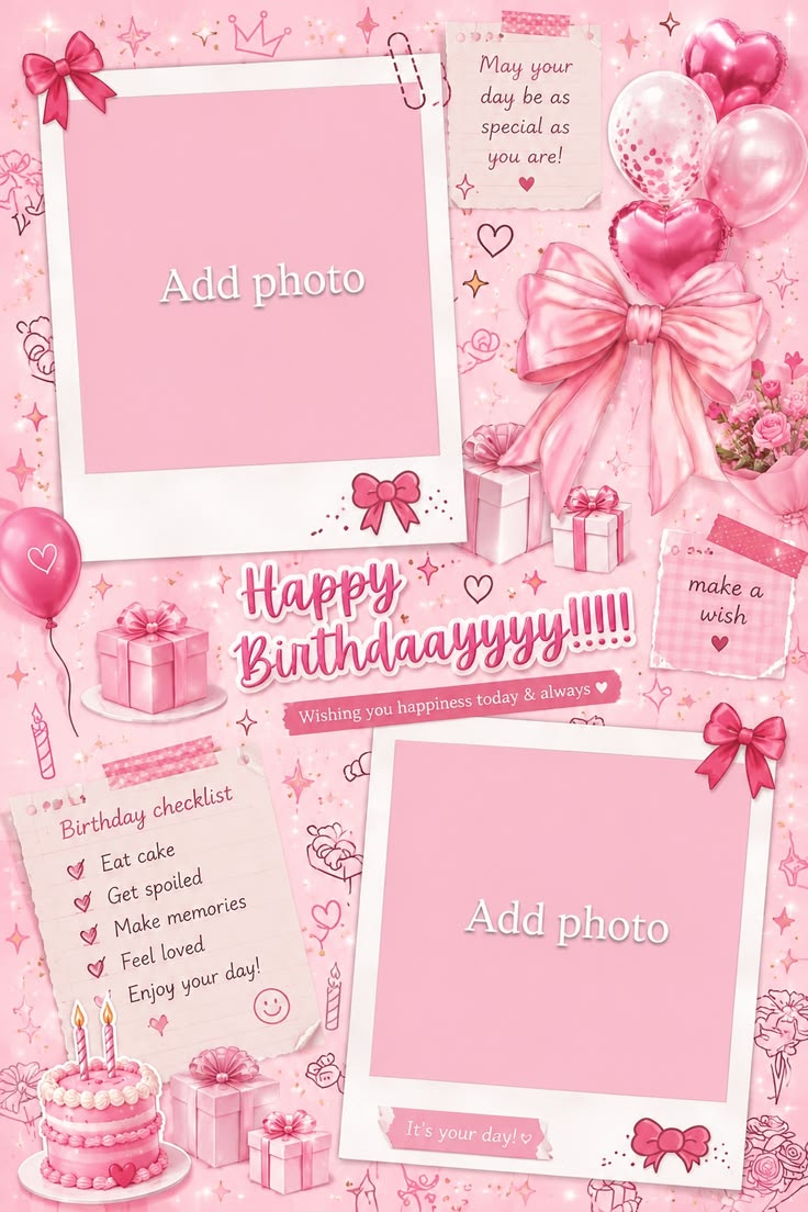 🎀 Adorable pink birthday collage template featuring bows, ba