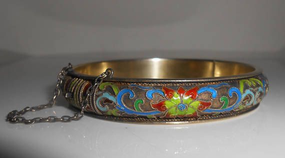 Chinese Export Sterling Enamel Hinged Bangle Bracelet Vintag