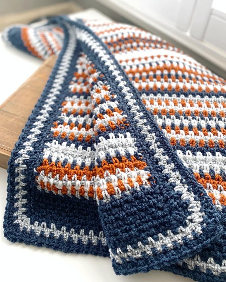 Navy White and Burnt Orange Handmade Crochet Baby Blanket - 