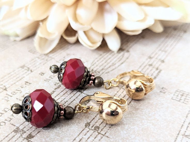 Dark Red Earrings, Art Deco Jewelry Handmade Nonpierced Earr