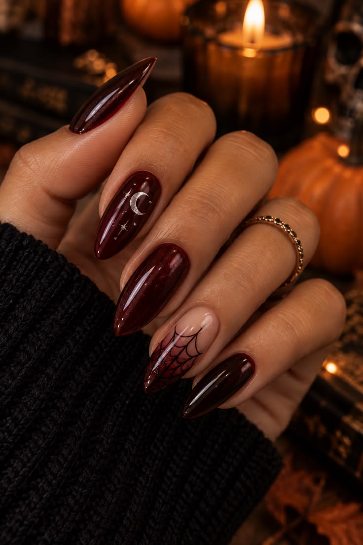 Elegant black cherry Halloween nails with a glossy burgundy 