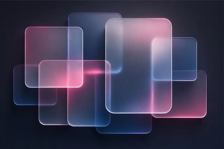 Abstract glass squares with neon pink and blue light beams, 
