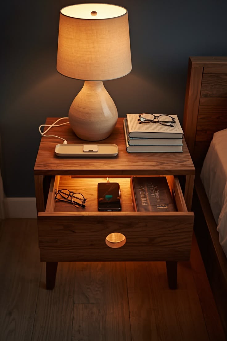 Phones charge quietly inside the drawer 📱 with the cord thre