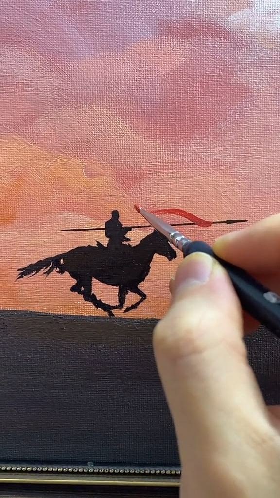 A cinematic equestrian painting featuring a lone horse rider