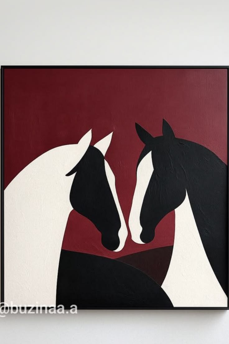 A minimalist modern artwork featuring two elegant horses in 