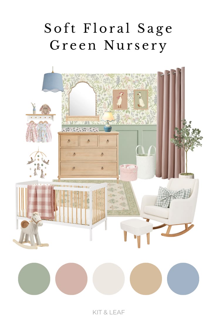 A soft floral sage green nursery moodboard with botanical wa