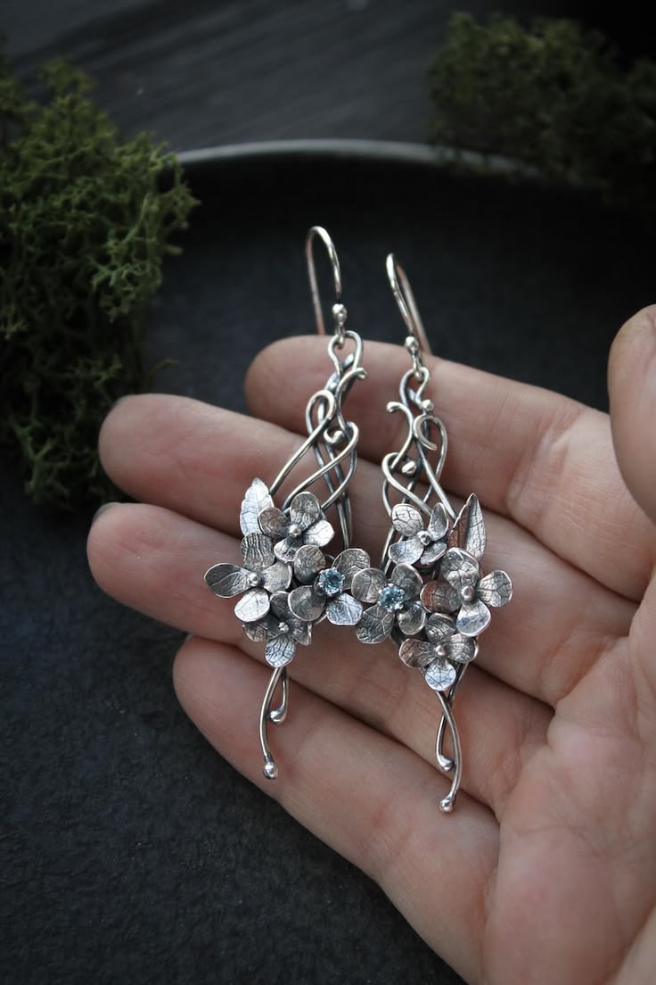Hydrangea Flower Earrings, Silver Botanical Jewelry, Floral 