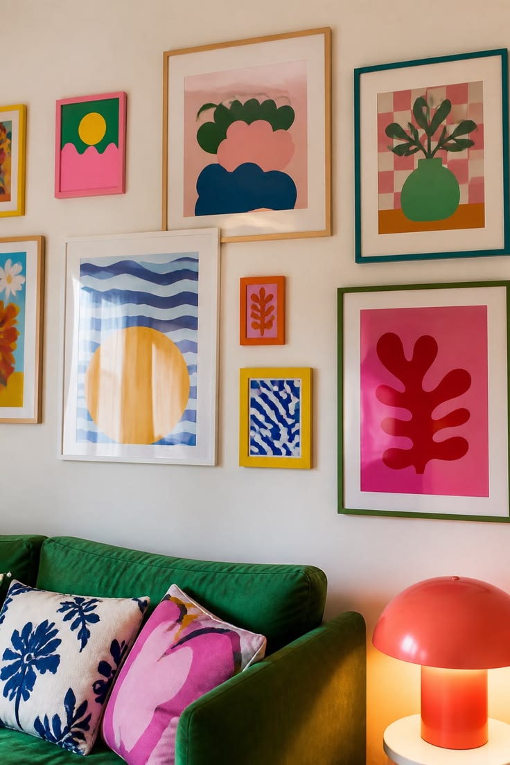 A green velvet sofa under a gallery wall of bold abstract pr