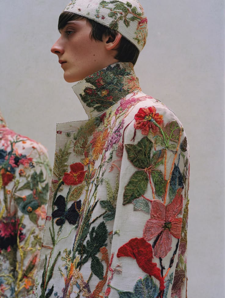 Rich botanical embroidery combining layered florals, foliage