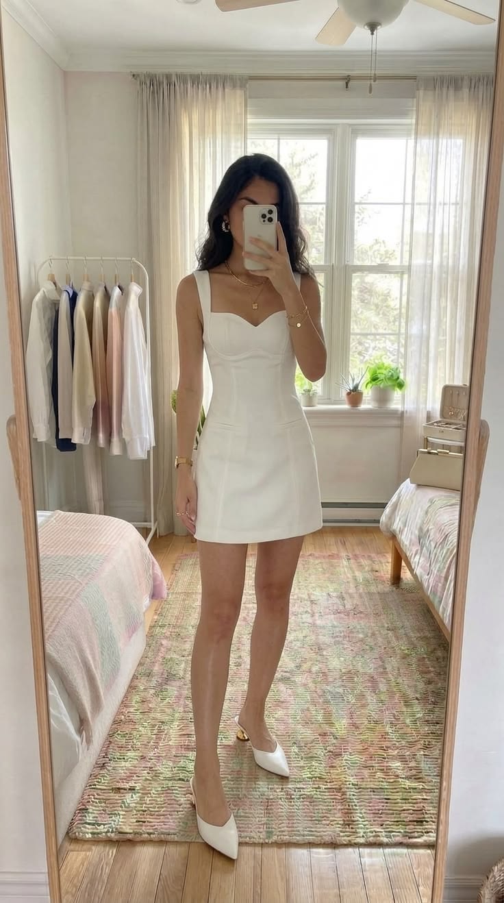 Vestido branco curto com decote coração e alças finas, combi