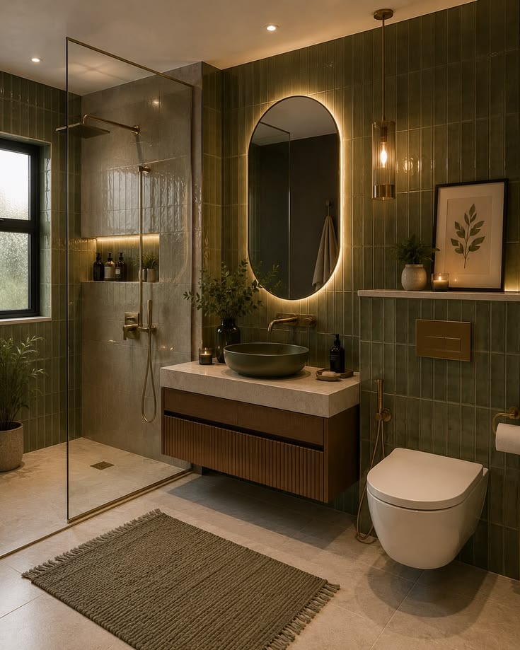 A sophisticated modern bathroom featuring rich olive green w